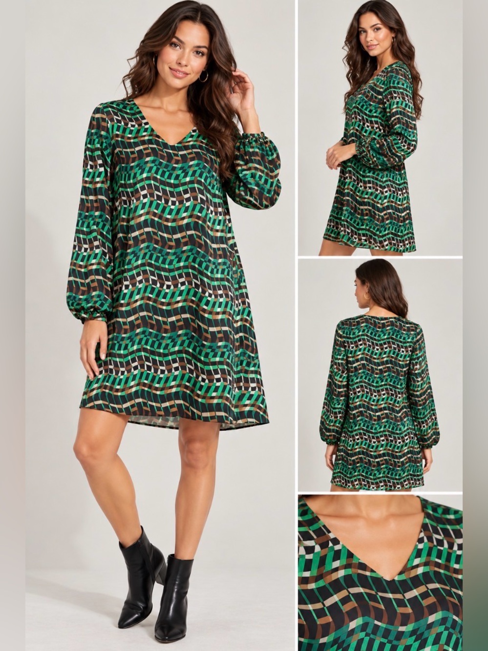 Joseph Ribkoff Green Geometric V-Neck Shift Dress Size 6